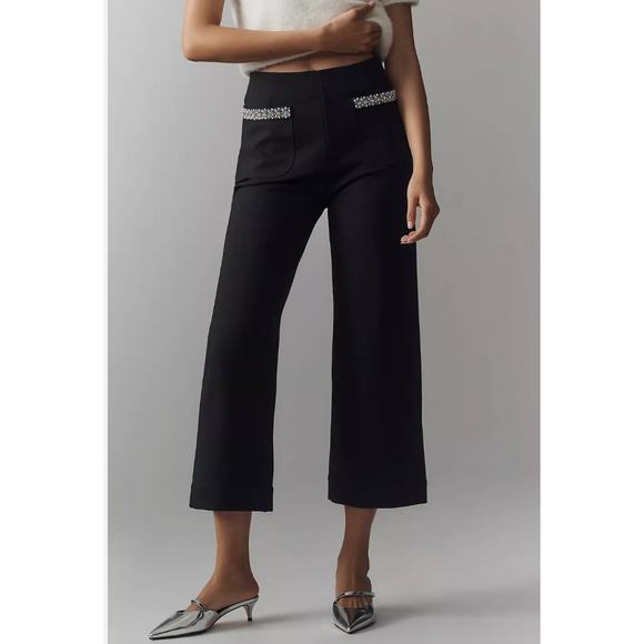 Anthropologie The Colette Cropped Wide-Leg Pants Rhinestone Pocket Edition 24 - Picture 1 of 5